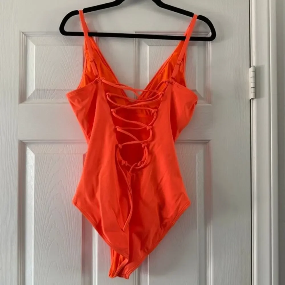 ta3 hi cut plungey one piece swim in orange, women size medium regular / long